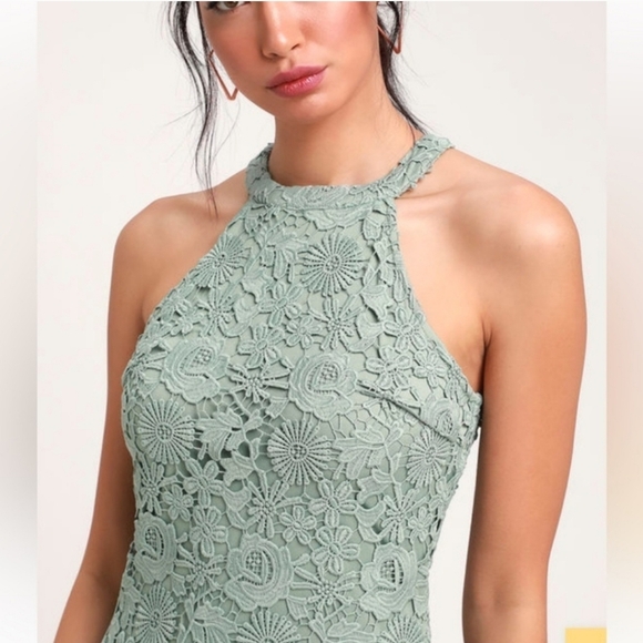 Lulus Love Poem XS Green Halter Lace Bodycon Mini Sleeveless Sheath Dress - Picture 11 of 13